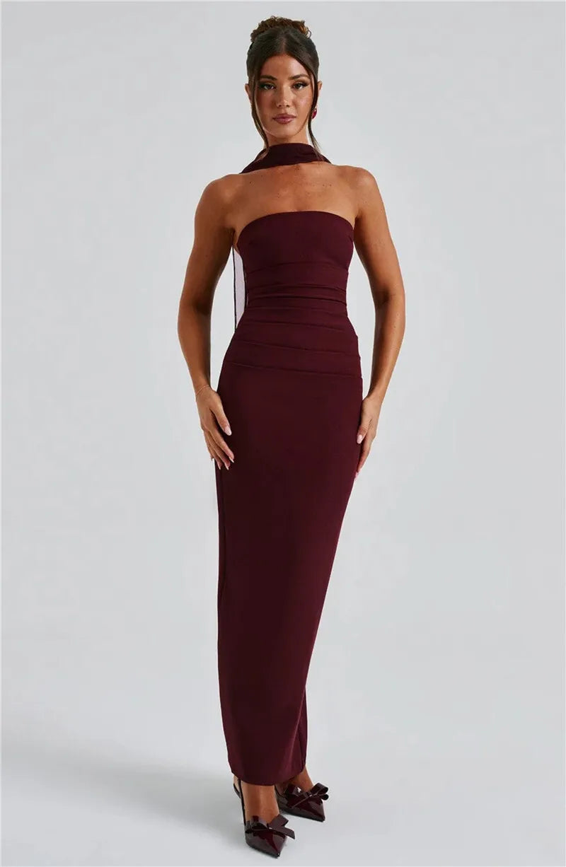 Scarf Collar Strapless Maxi Dress - Backless Bodycon Club & Party