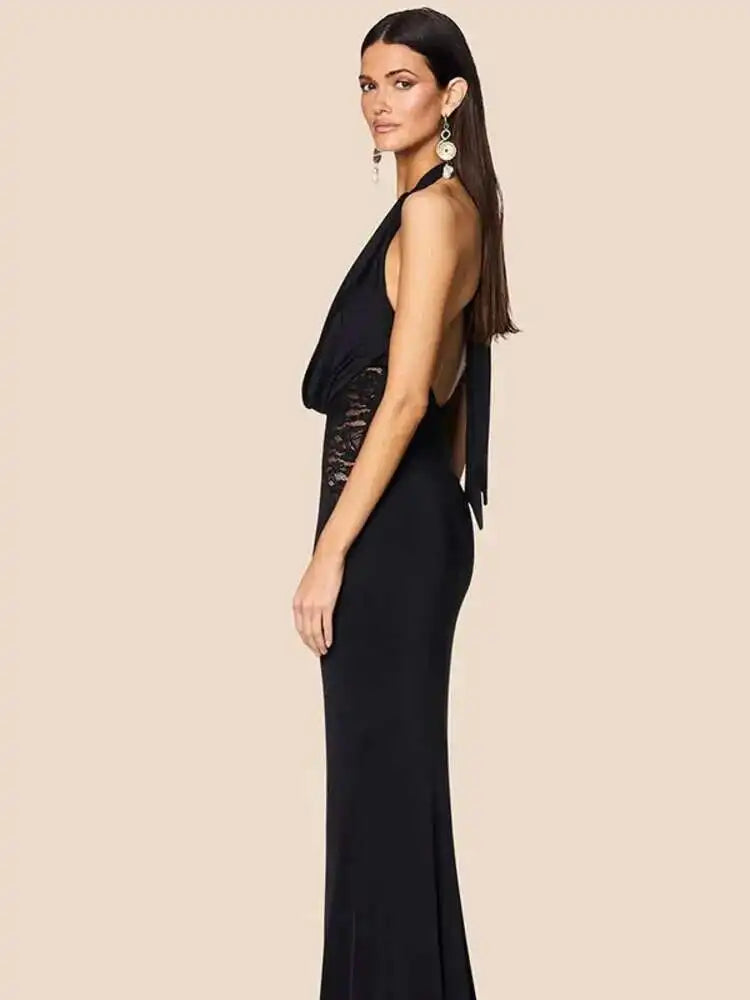 Black Lace Spliced Deep V Halter Evening Gown