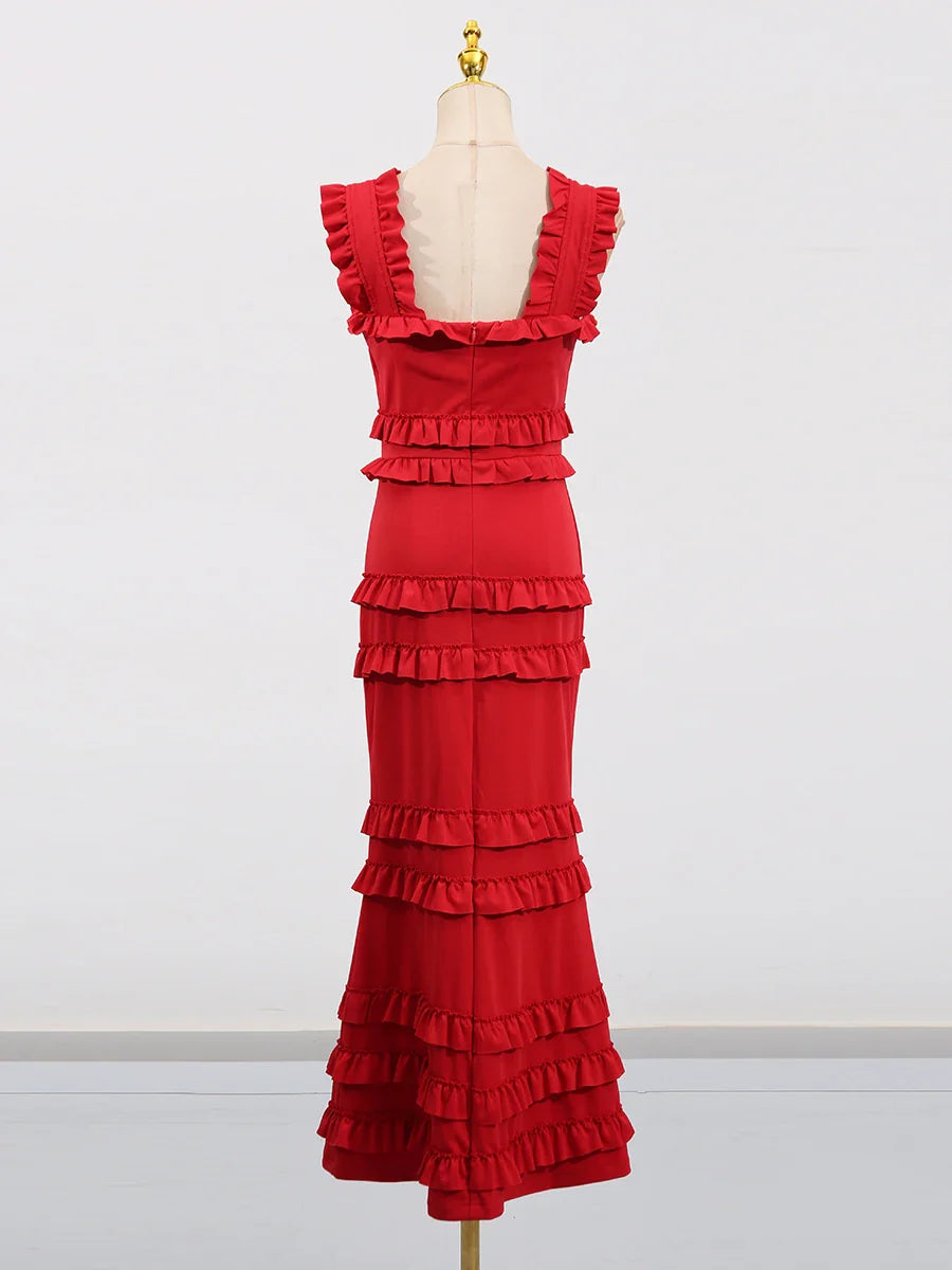 Red Vintage Square Collar A-Line Knee-Length Dress.