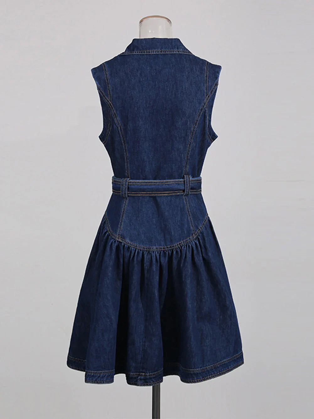 Denim Sleeveless Single-Breasted Belt Mini Dress