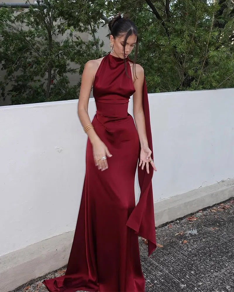 Burgundy Satin Halter Gown | Elegant Open-Back Evening Dress