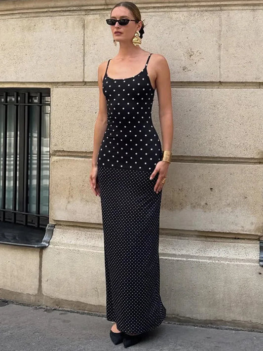 Spaghetti Strap Polka-Dot Slip Maxi Dress