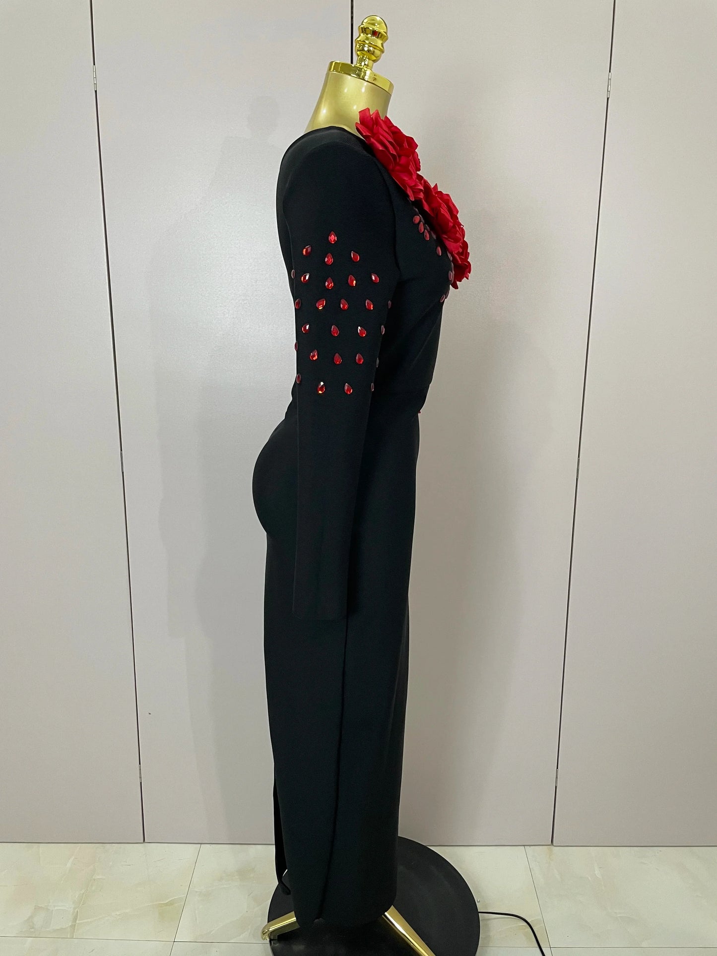 Black Shiny Diamond One Shoulder Ankle-Length Dress