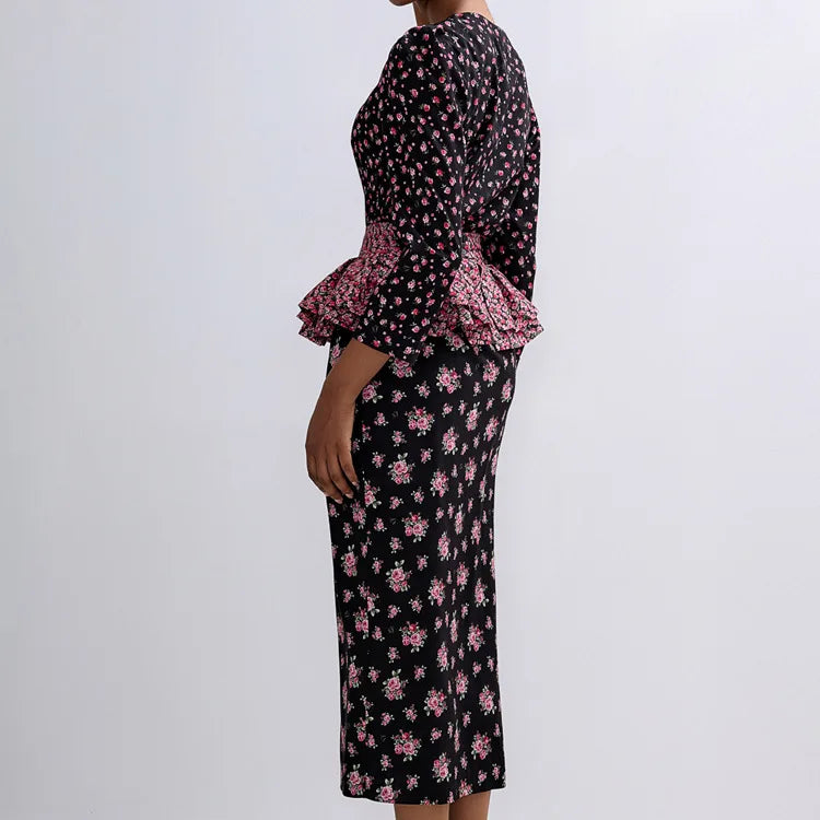 Floral Peplum Midi Dress | Elegant Evening Bodycon with Ruffle Detail