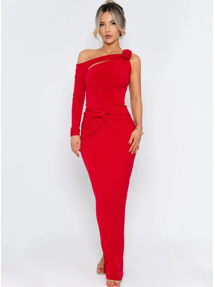 One-Shoulder 3D Flower Cut-Out Maxi Dress