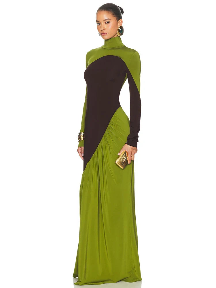 Turtleneck Long Sleeve Two Tone Pleated Maxi Dress