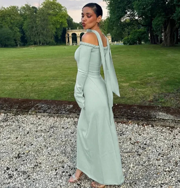 Green Braided Off-Shoulder Long Dress With Scarf
