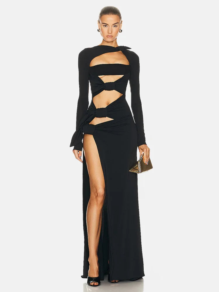 Cut-Out Black Long Sleeve High-Slit Gown