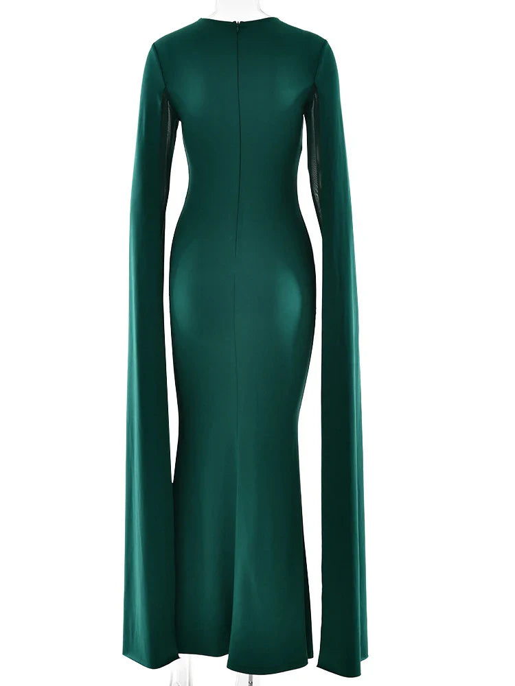Green Long Sleeve Ribbons Maxi Dress