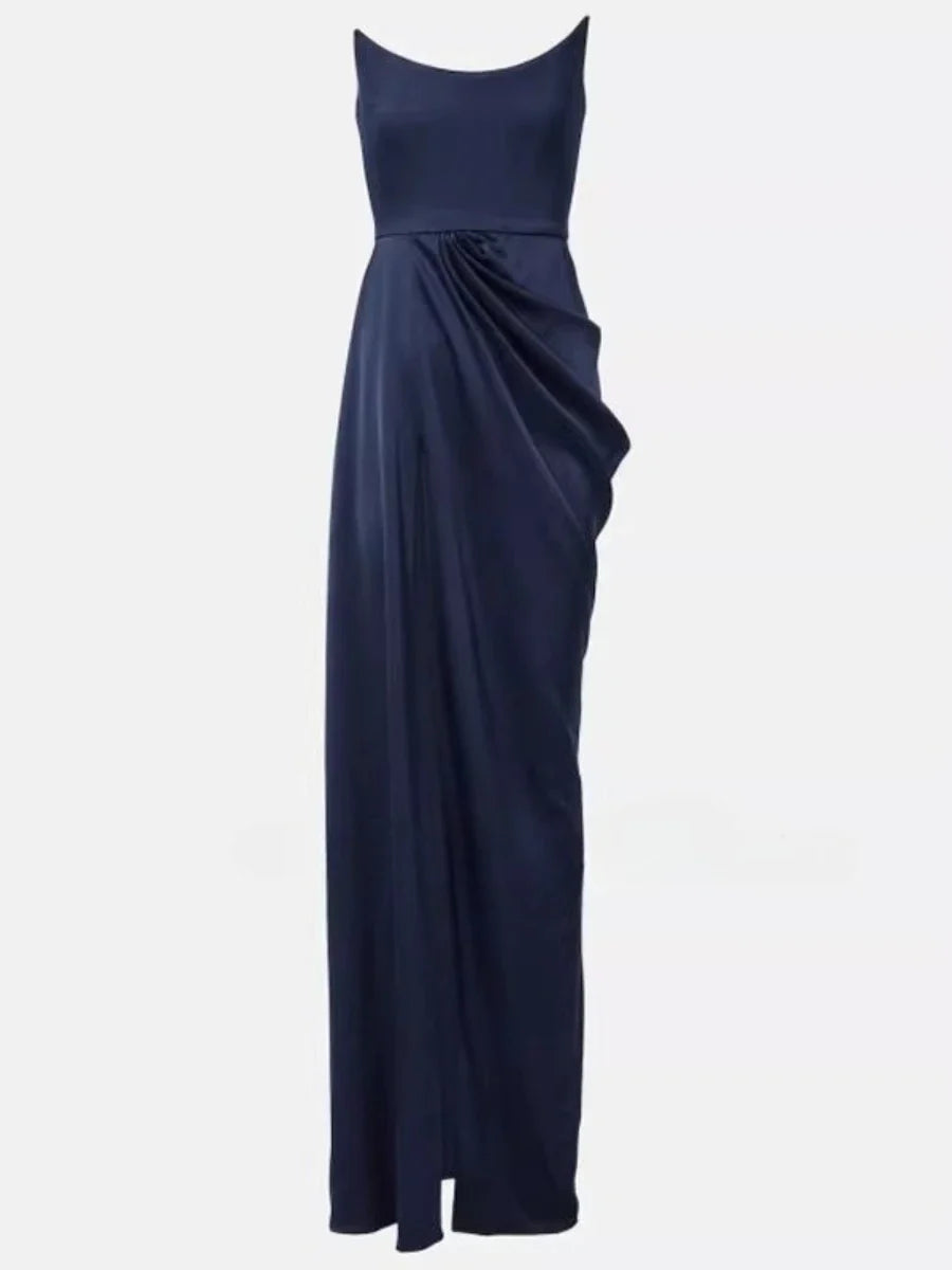 Navy blue evening gown on a white background