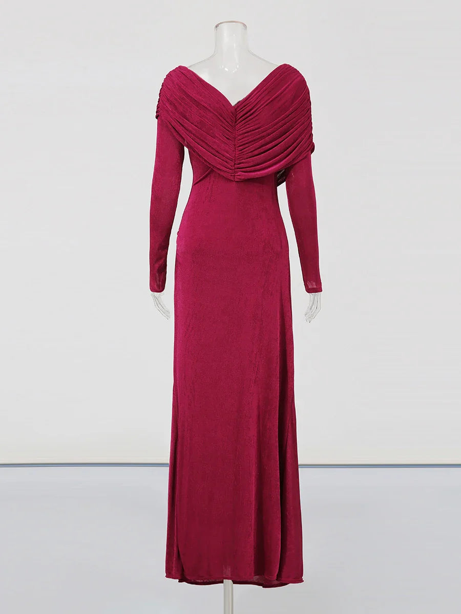 Long Sleeve Folds Gold Metal Moon Maxi Dress