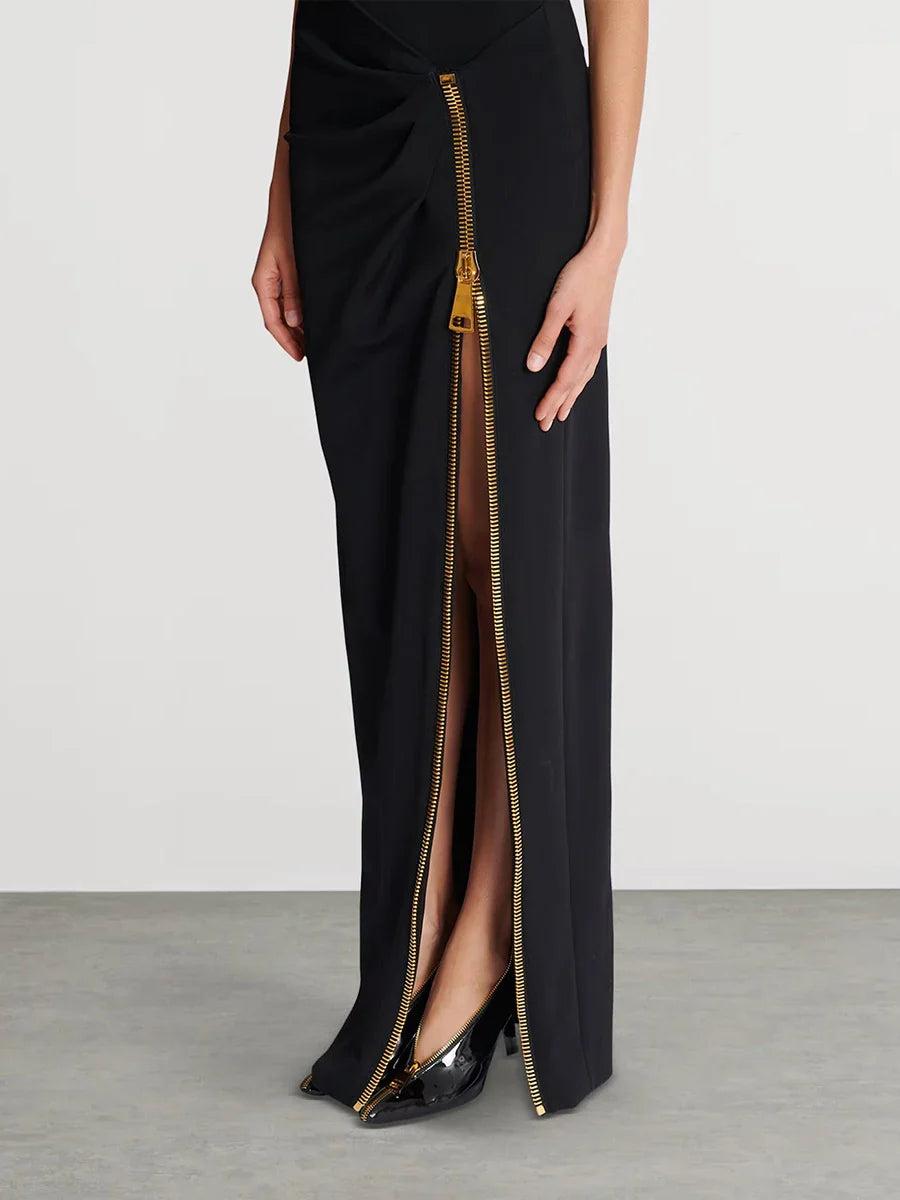 Black Stand Neck Gold Zipper Details High Slit Maxi Dress
