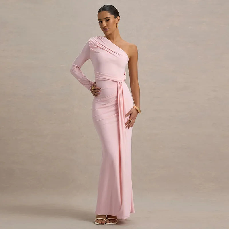 Long Sleeve One-Shoulder Tie Up Drape Maxi Dress