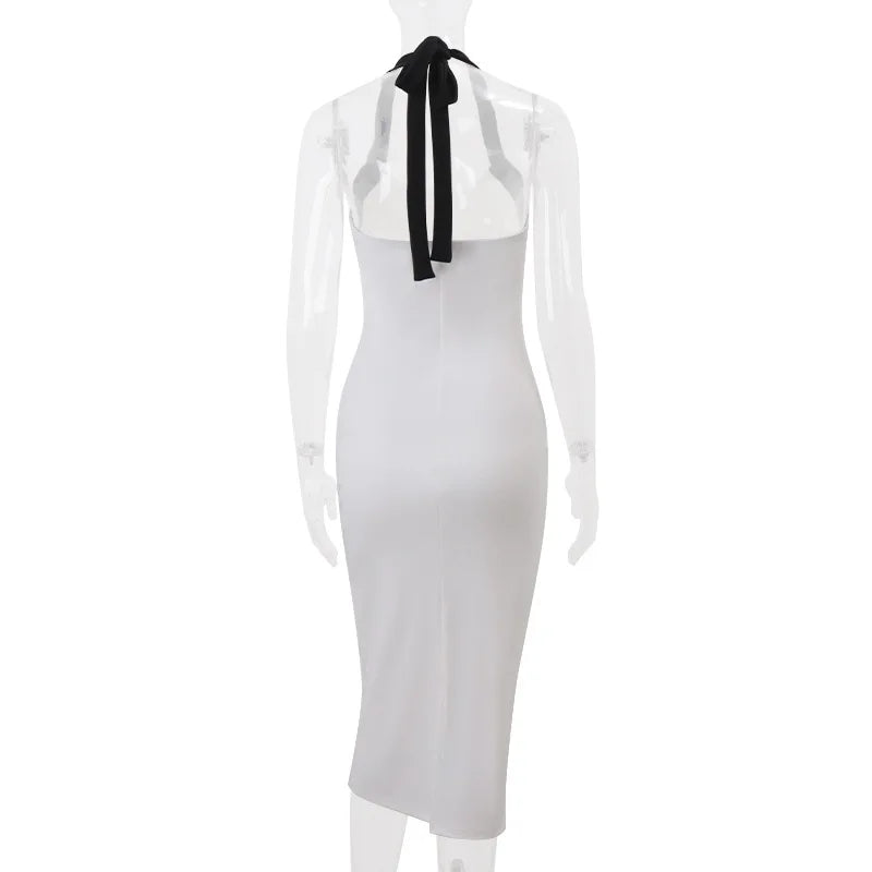 Contrast Halter Midi Dress | Lace-Up Chic for Office & Events