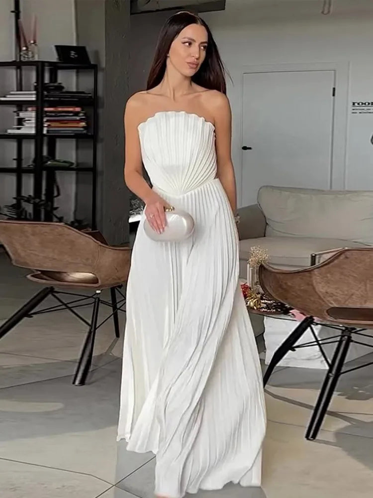 White Elegant Tube Pleated Maxi Dress