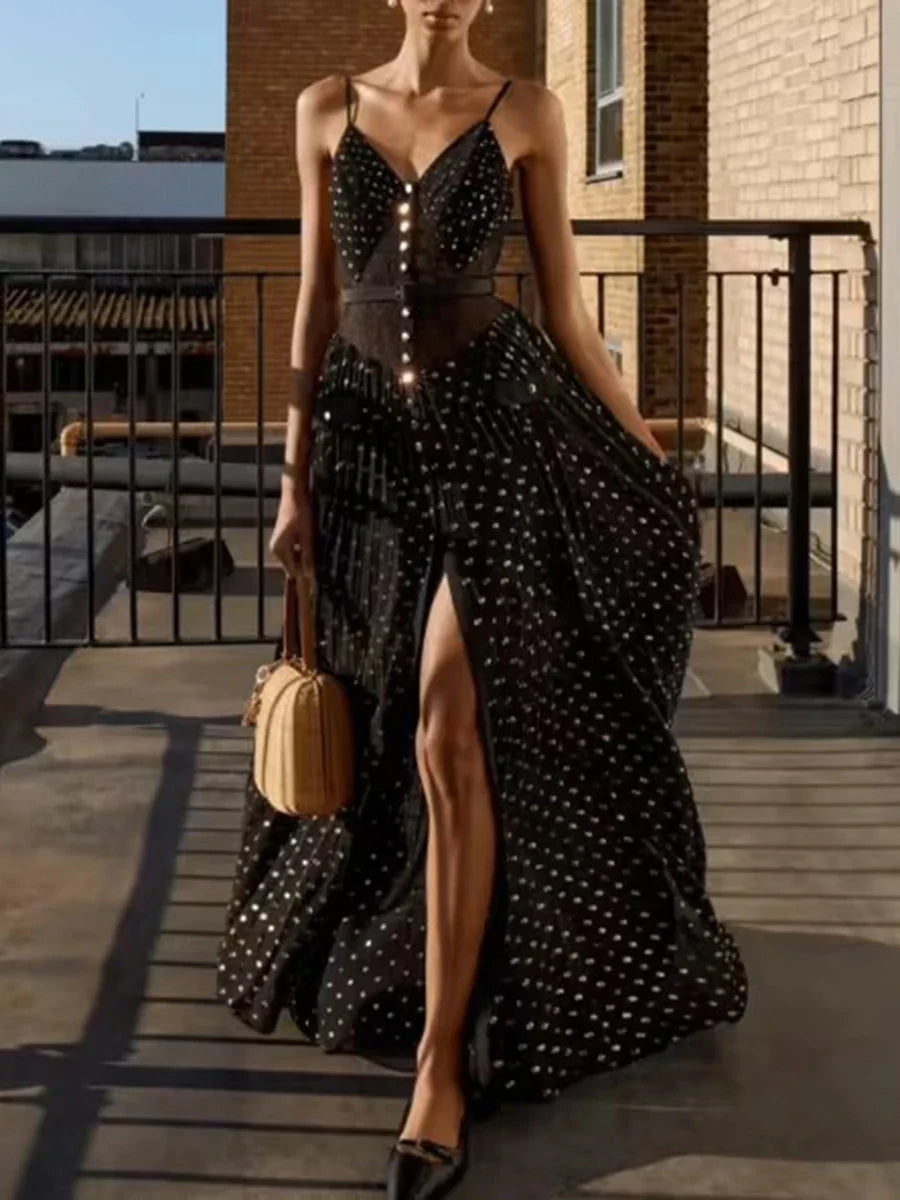 Pleated Sheer Cut-Out Buttoned Maxi Dress