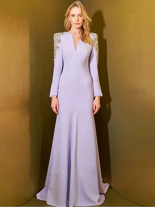 Elegant Diamond Beaded Sleeve Lilac Maxi Dress – Mermaid Silhouette Evening Gown
