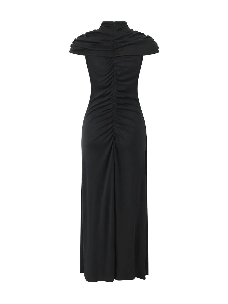 Stand Neck Short Sleeve Pleated Maxi Dress
