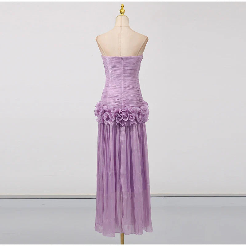 Pleated Flower Ruffles Tube Long Dress