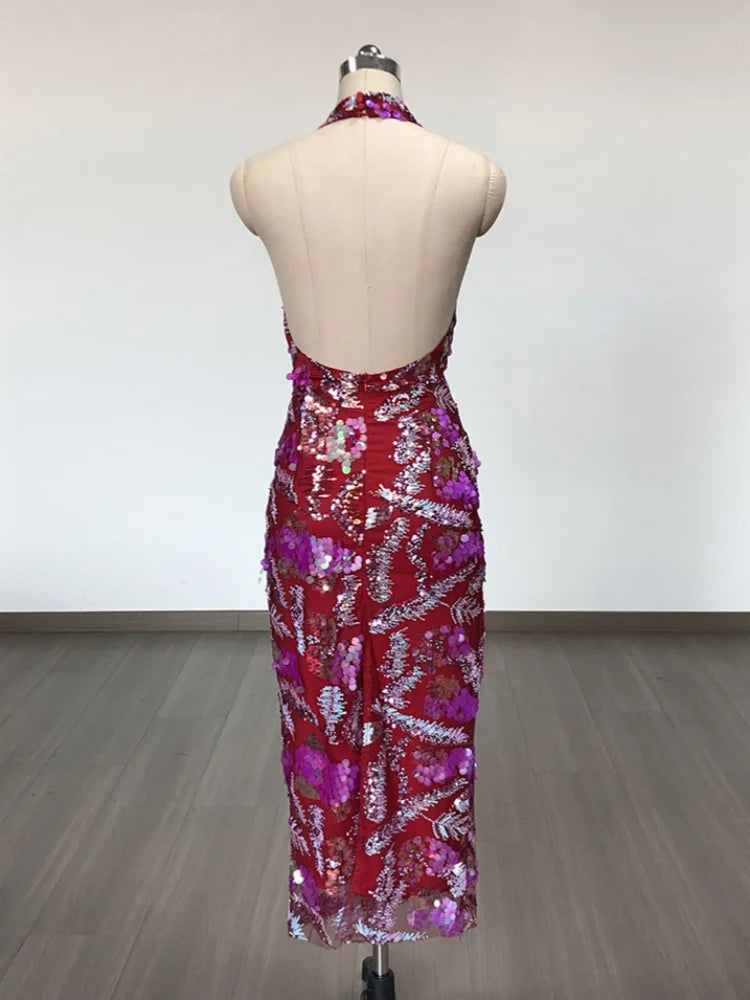 Pink Halter Sequin Midi Dress with Draped Neck Detail