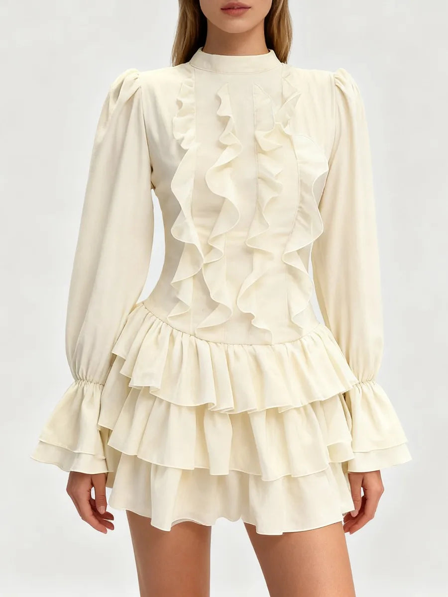 White Tiered Ruffle Mini Dress with Stand Collar