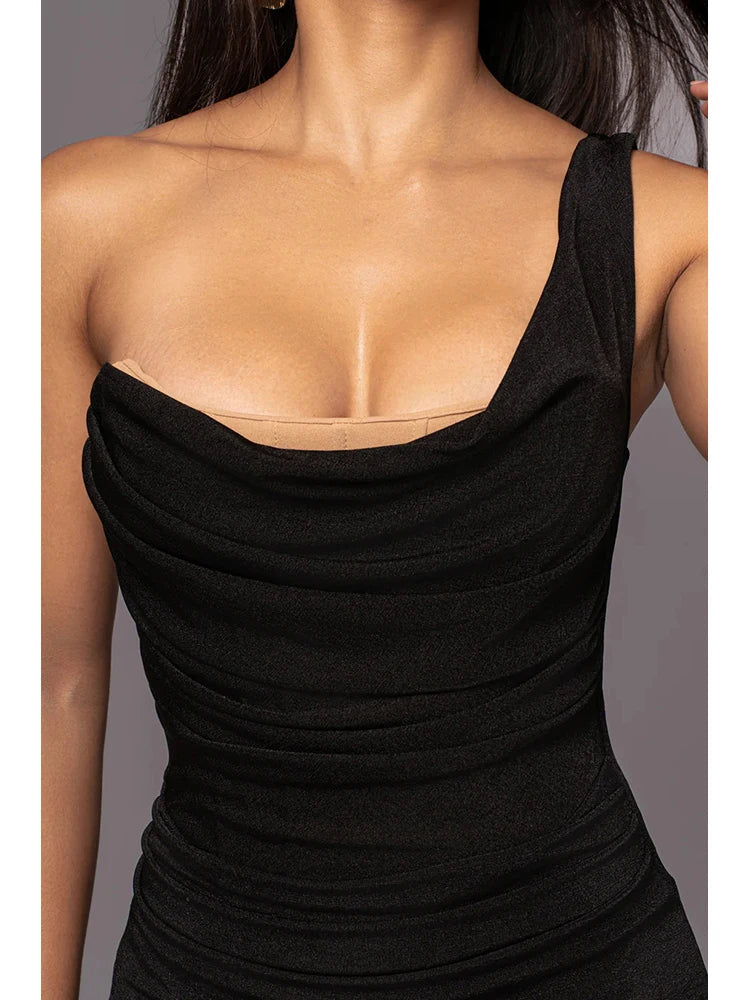 One Shoulder Mesh Bandage Dress | Black Bodycon Gown