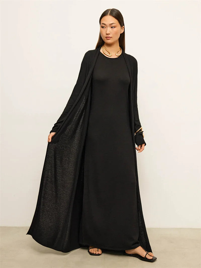 Pink Knit Maxi Dress & Cardigan Co-Ord Set – Elegant 2-Piece Winter Look