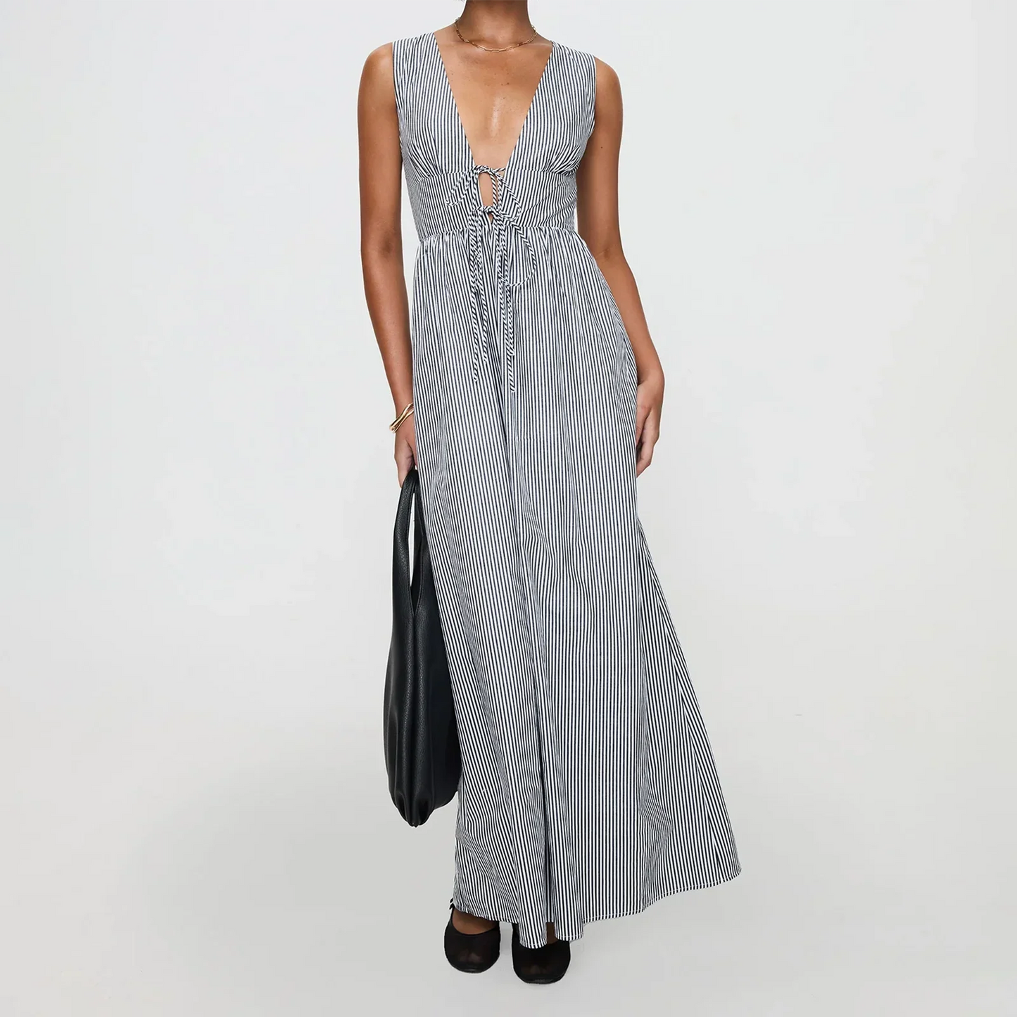 Summer Stripe/Plaid Mini Tank Dress with Tie-up V-Neck