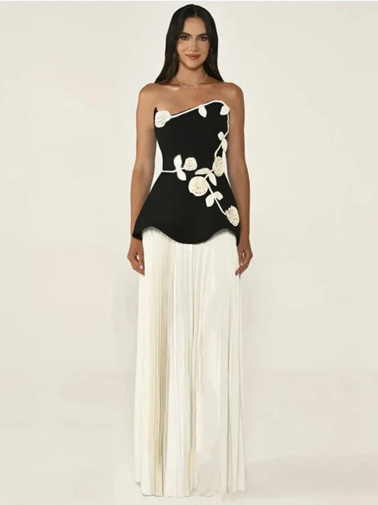 Strapless Bloom-Appliqué Pleated Evening Gown
