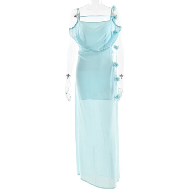 Solid Cowl Neck Chiffon Gown | Backless Tie-Flower Slip Dress