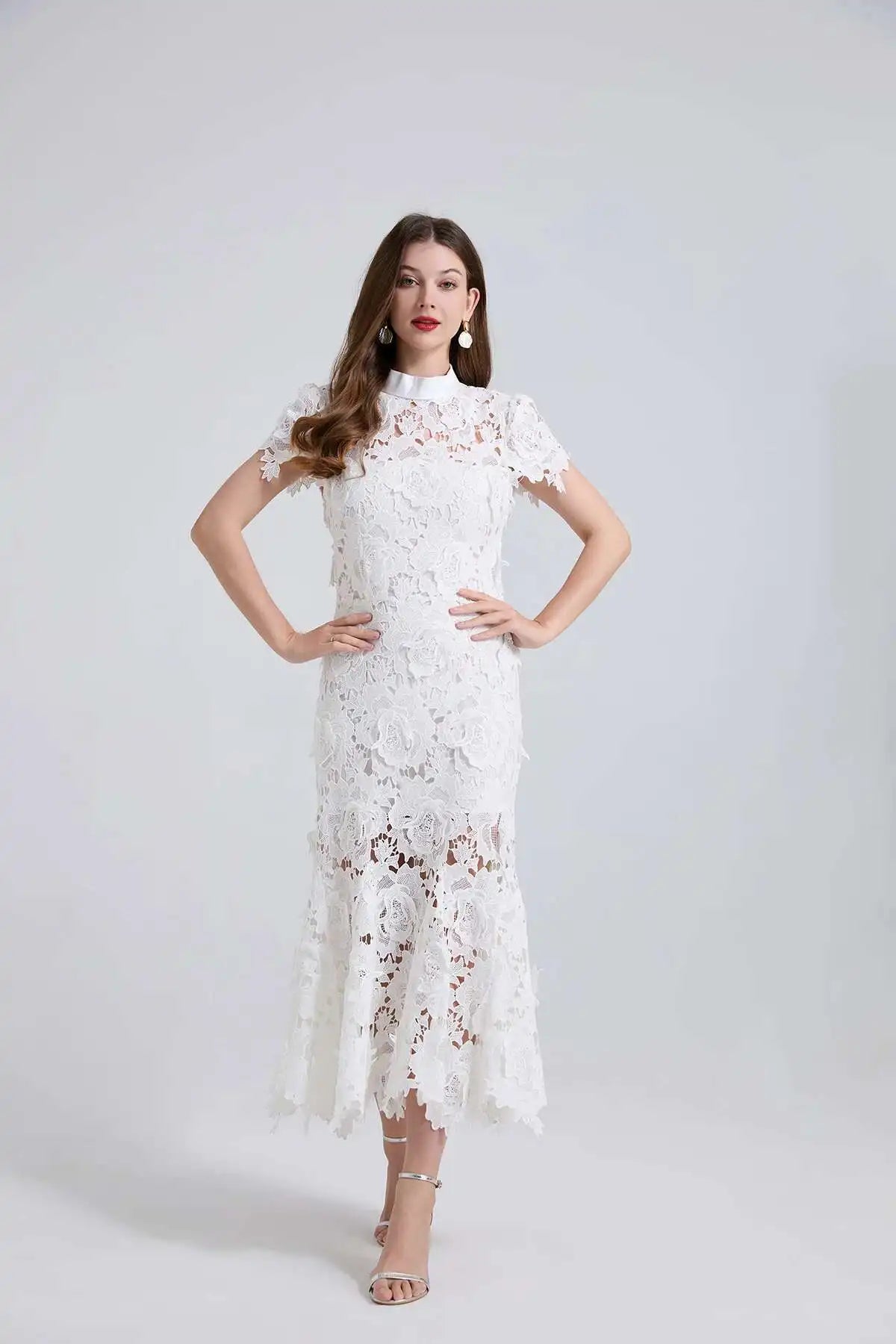 Embroidered Lace Mermaid Dress – Elegant Formal Fishtail Gown with Short Sleeves