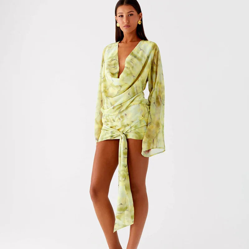 Mesh Deep Cowl Neck Long Sleeve Mini Dress