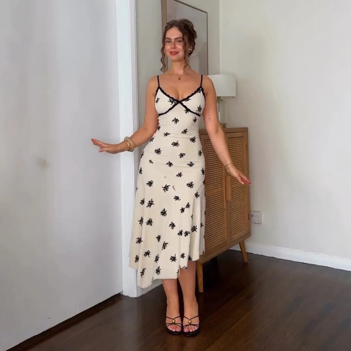 Summer Lace Print A-Line Dress | Sleeveless V-Neck Camisole