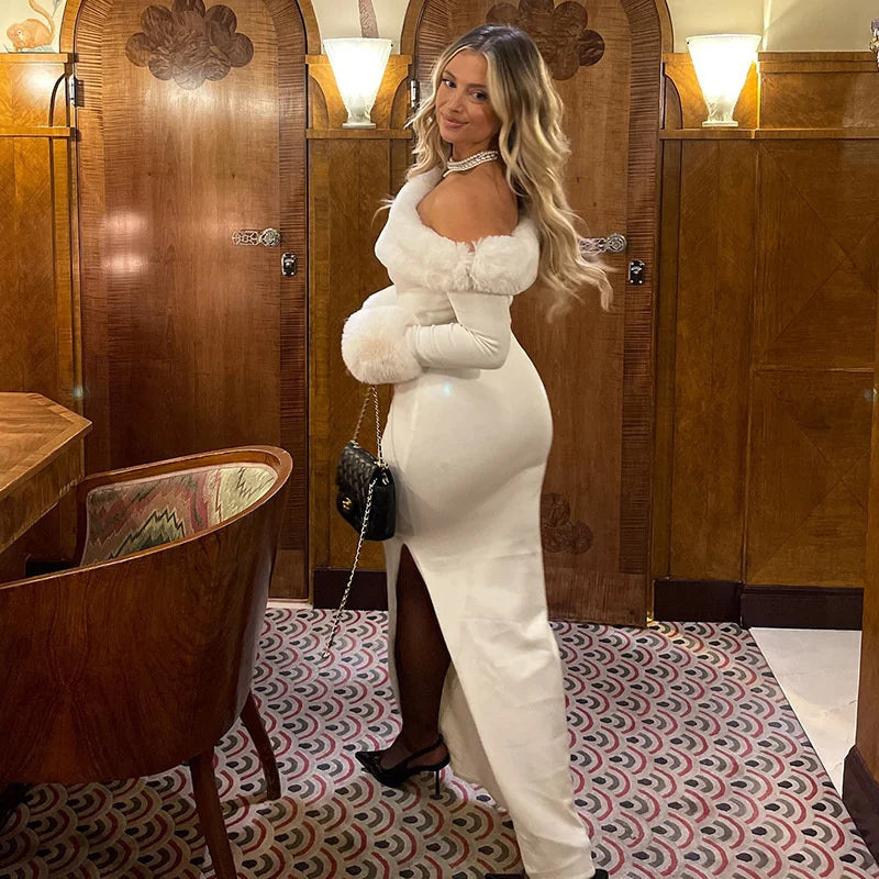 White Fur Trim Off-Shoulder Maxi Dress