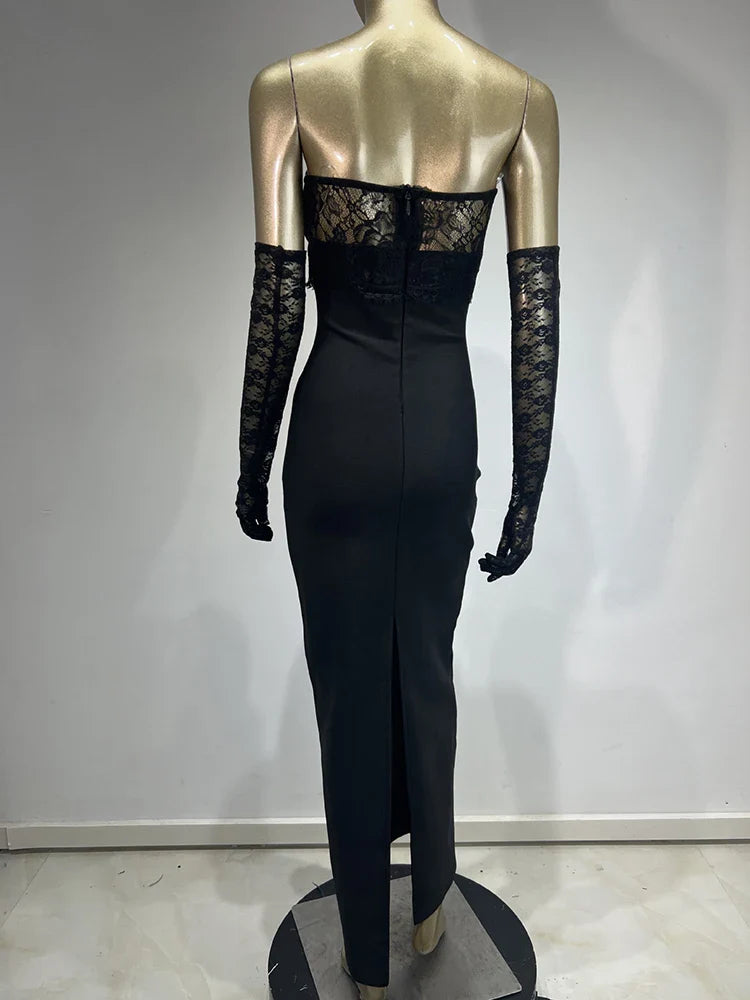 Black Strapless Lace Patchwork Dress | Bodycon Evening Gown