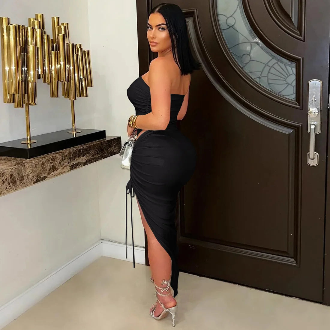 Metallic 2-Piece Set | Strapless Tube Bodysuit & Drawstring Skirt (Green, Silver, White, Black)