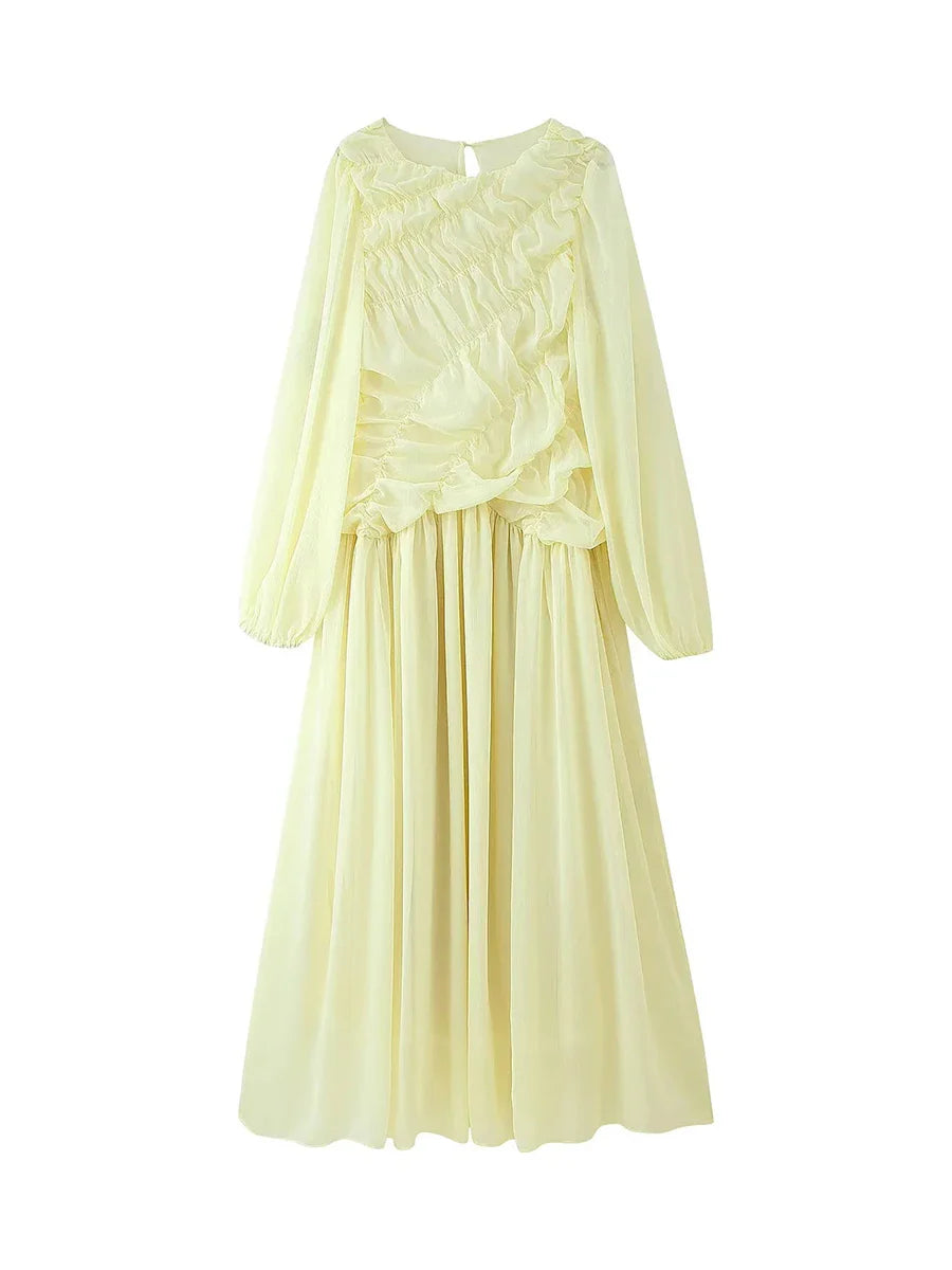 Soft Yellow Pleated Maxi Dress | Long Sleeve Elegant Lounge Look