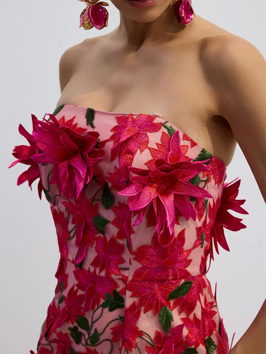 Pink Floral Embroidery Strapless Long Dress