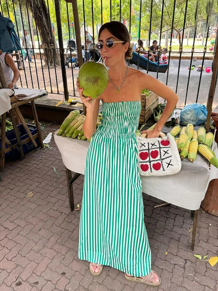 Green Striped Off-Shoulder Maxi Dress - Beach Holiday Style