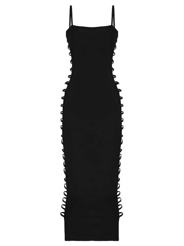 Black Side Cutout Spaghetti Strap Bodycon Dress – Sleek Club Party Long Dress