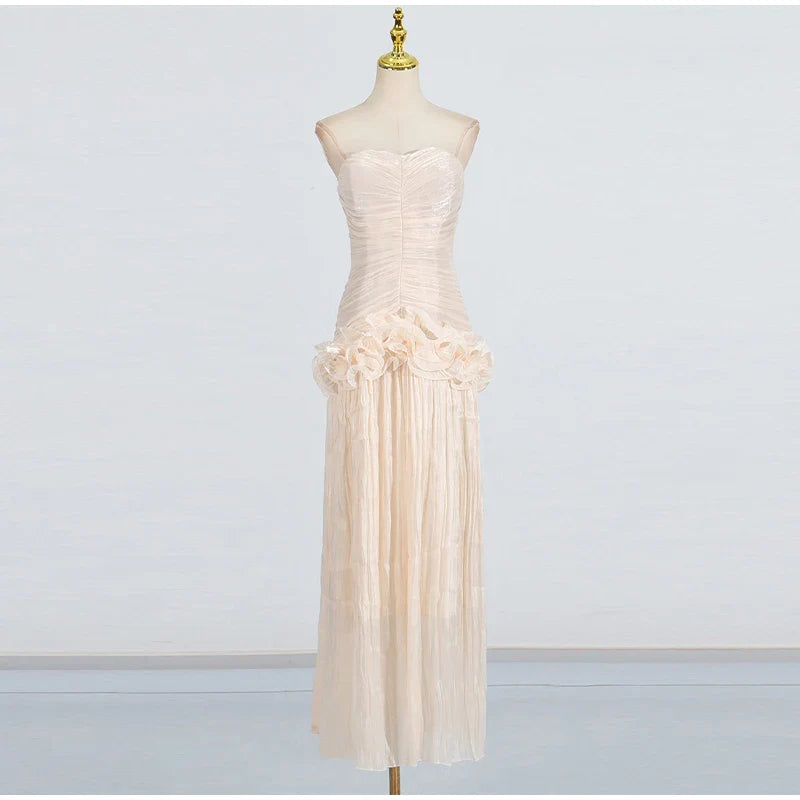 Pleated Flower Ruffles Tube Long Dress