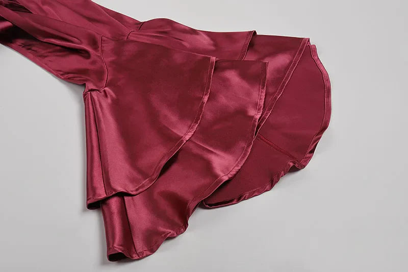 Satin Deep V Neck Mini Dress with Flared Sleeves