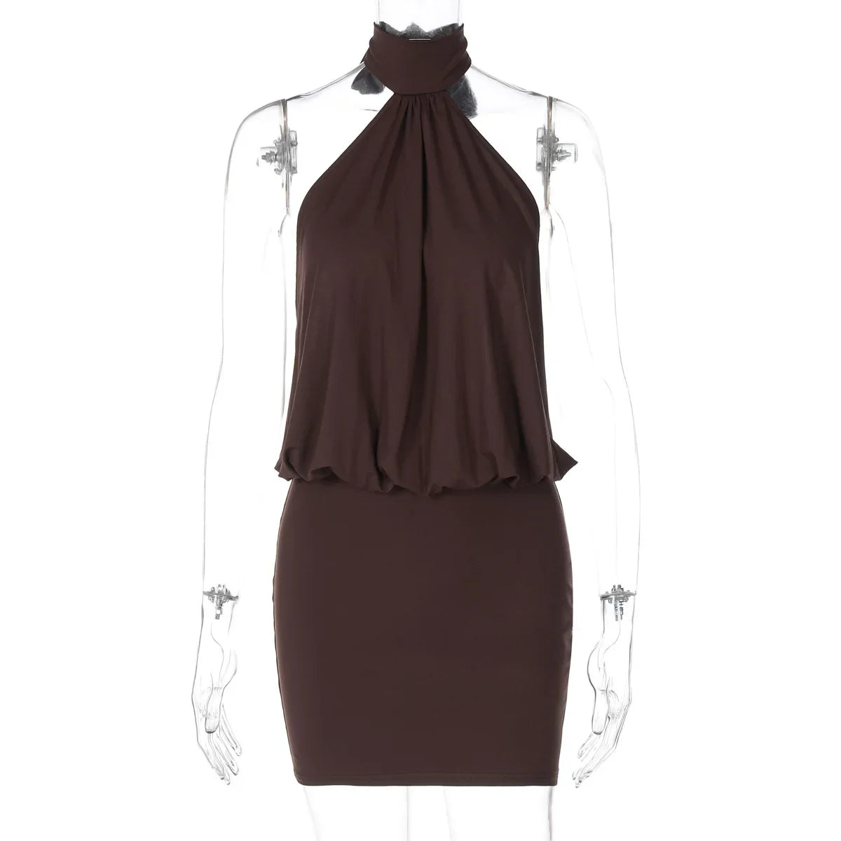 Backless Halter Mini Dress | Pleated Brown Party Look