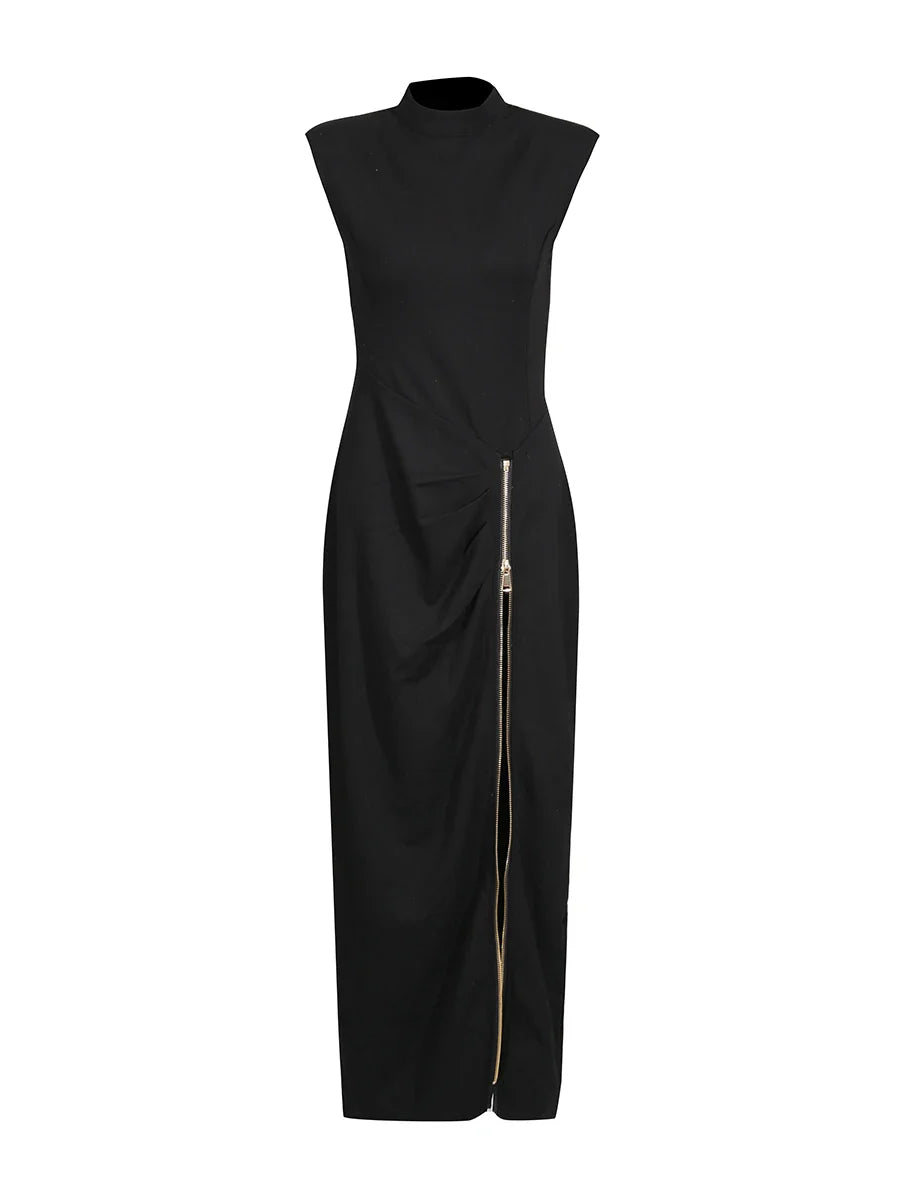 Black sleeveless dress with a zipper on a white background