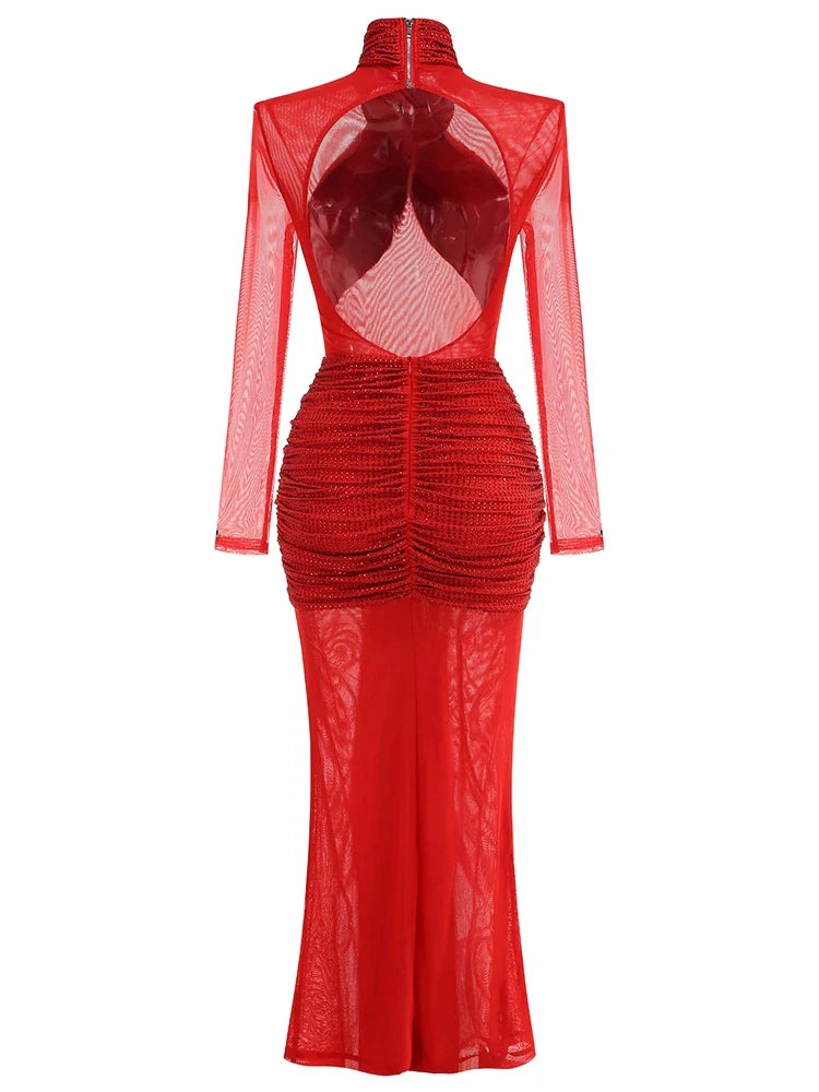 Red Mesh Ruched Rhinestone Gown with Sculpted Column Shape