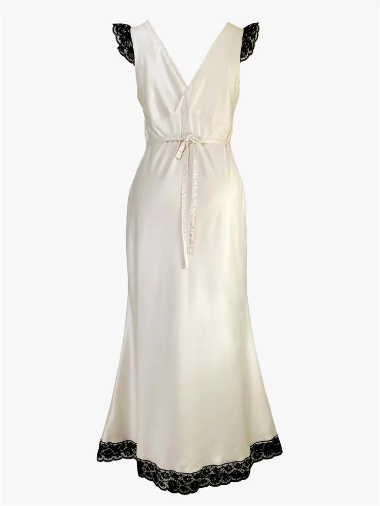 Patchwork Satin Lace Maxi Dress – Elegant V-Neck Evening Gown