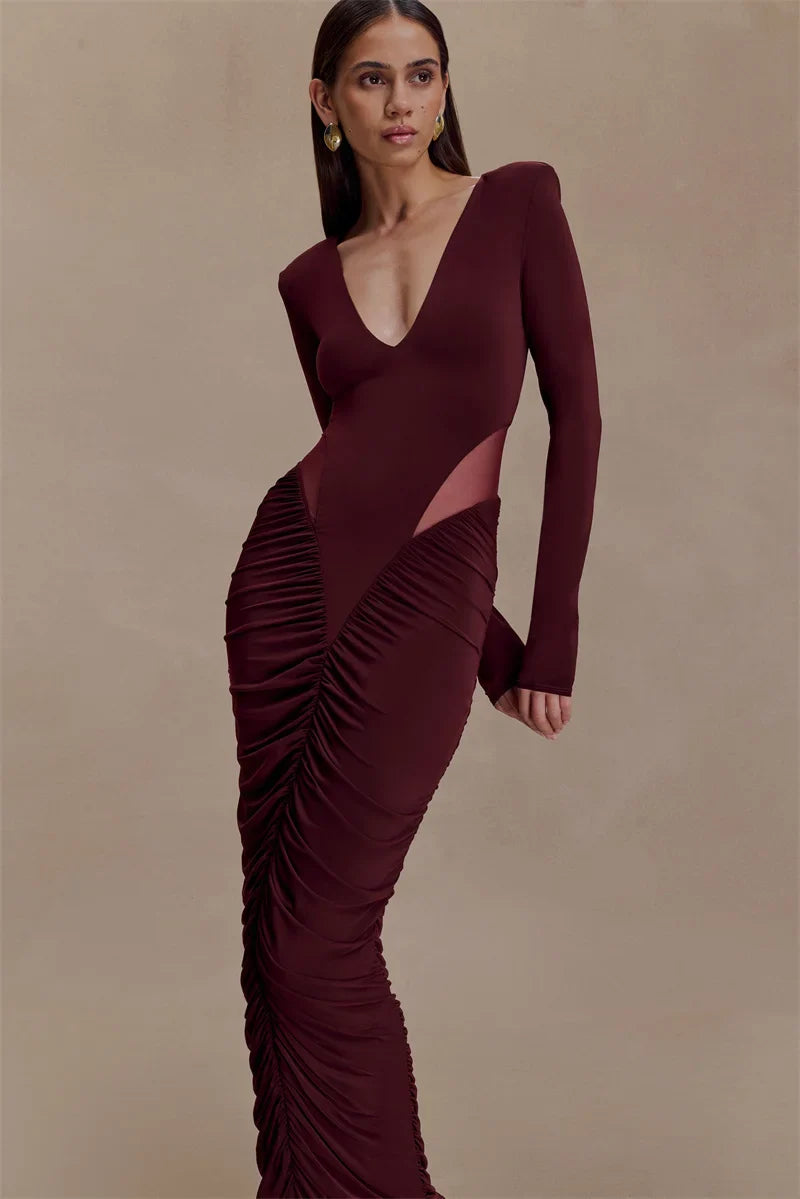 Deep V Neck Long Sleeve Cut Out Maxi Dress