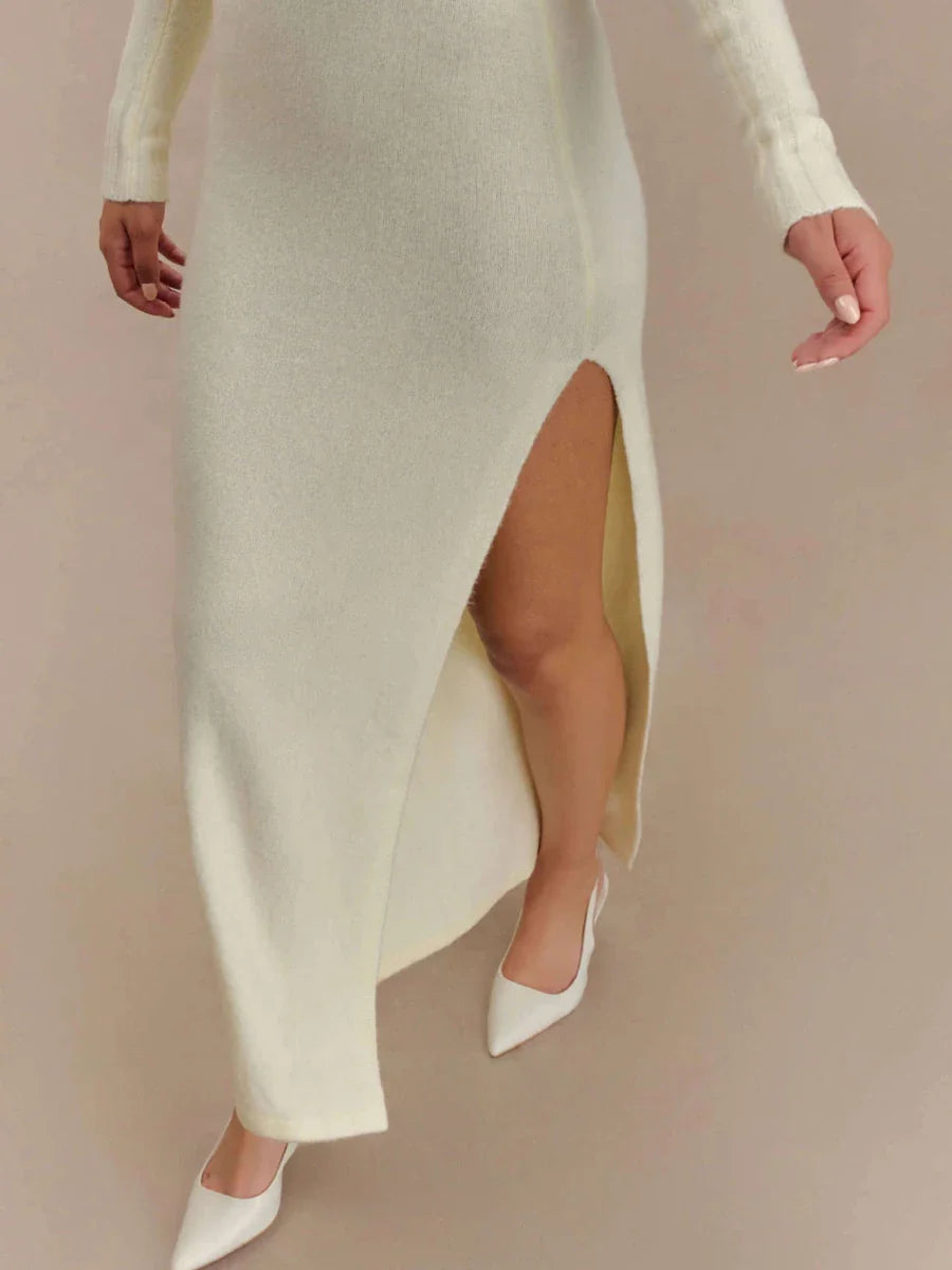 White Draped Cowl-Neck Knit Maxi Dress