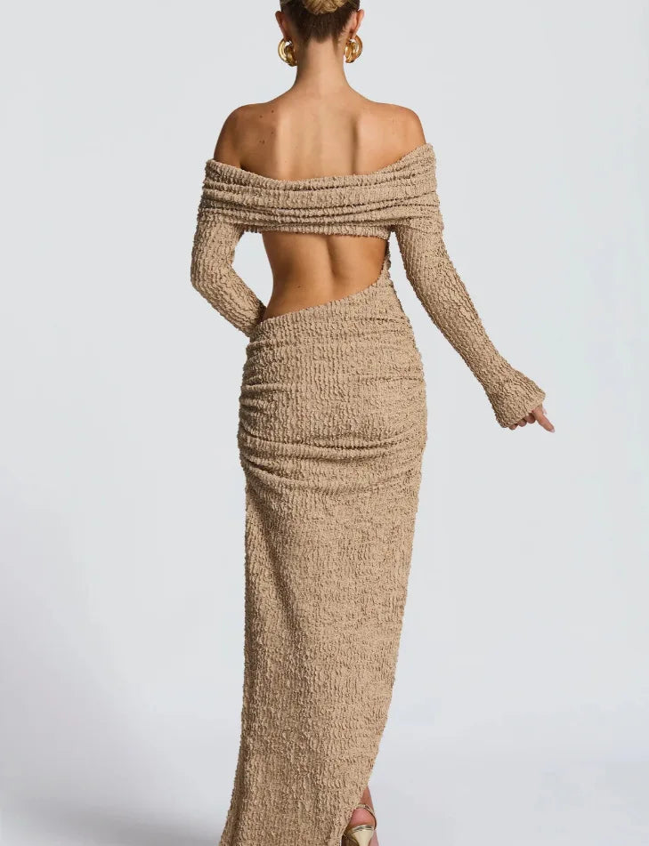 Off Shoulder Long Sleeve Textured Slit Maxi Dress