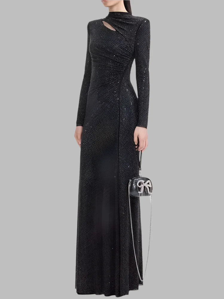 Elegant Slim Pleated Diamond Long Dress